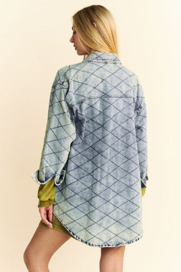 Davi & Dani Curved Hem Diamond Quilted Button Up Denim Shacket - Love Salve 
