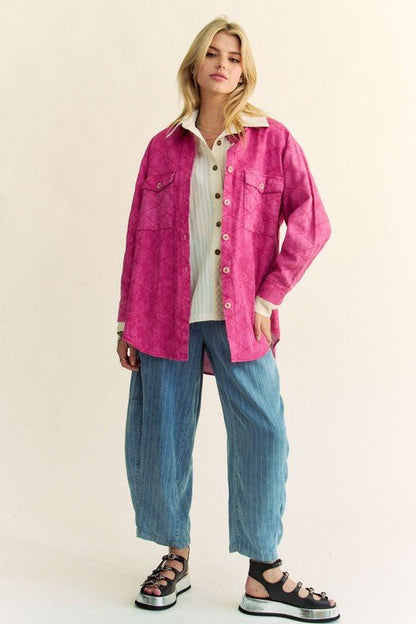 Davi & Dani Curved Hem Diamond Quilted Button Up Denim Shacket - Love Salve 