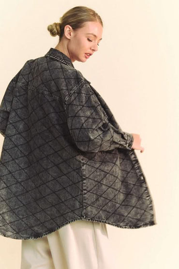 Davi & Dani Curved Hem Diamond Quilted Button Up Denim Shacket - Love Salve 