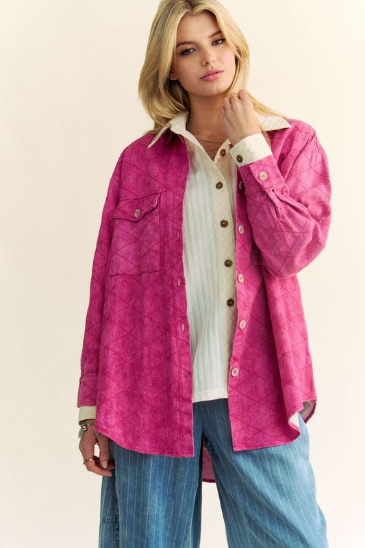 Davi & Dani Curved Hem Diamond Quilted Button Up Denim Shacket - Love Salve 