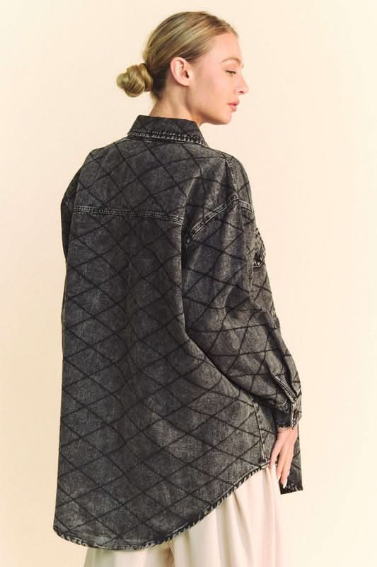 Davi & Dani Curved Hem Diamond Quilted Button Up Denim Shacket - Love Salve 