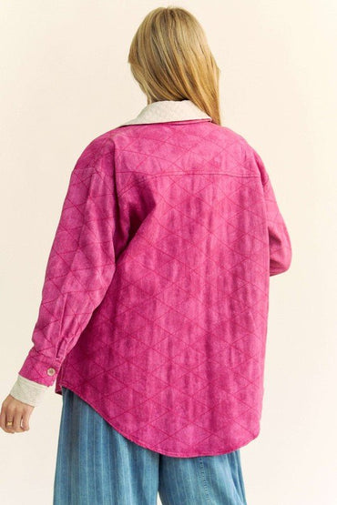 Davi & Dani Curved Hem Diamond Quilted Button Up Denim Shacket - Love Salve 