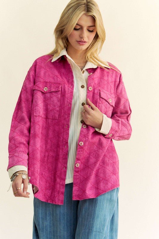 Davi & Dani Curved Hem Diamond Quilted Button Up Denim Shacket - Love Salve 