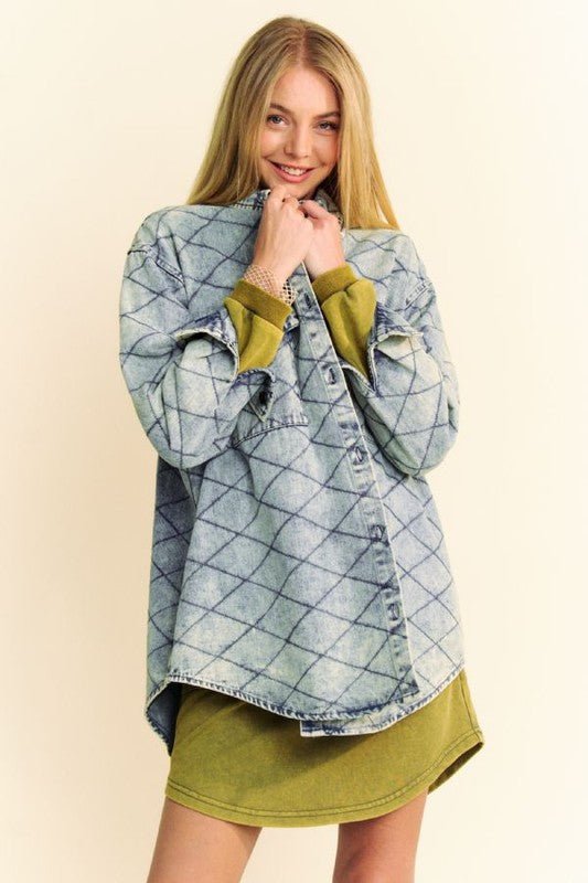 Davi & Dani Curved Hem Diamond Quilted Button Up Denim Shacket - Love Salve 