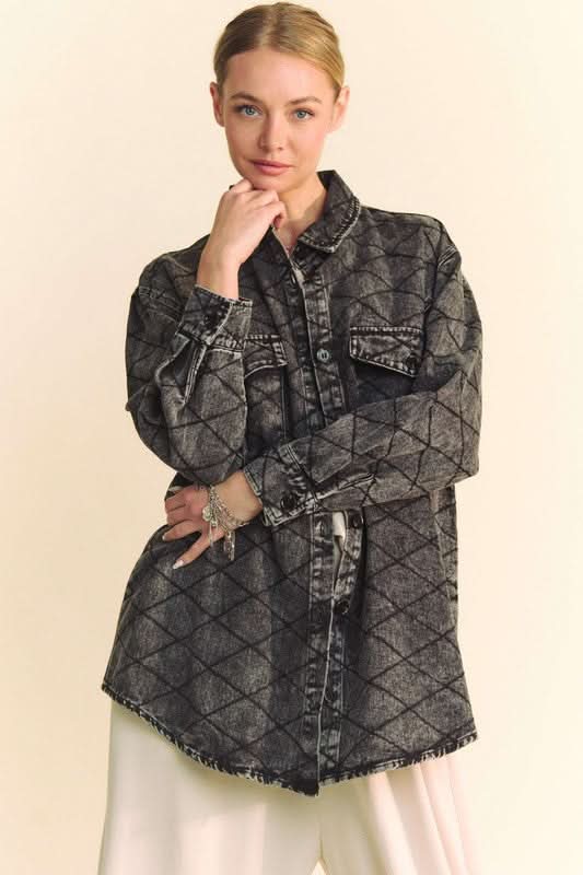 Davi & Dani Curved Hem Diamond Quilted Button Up Denim Shacket - Love Salve 