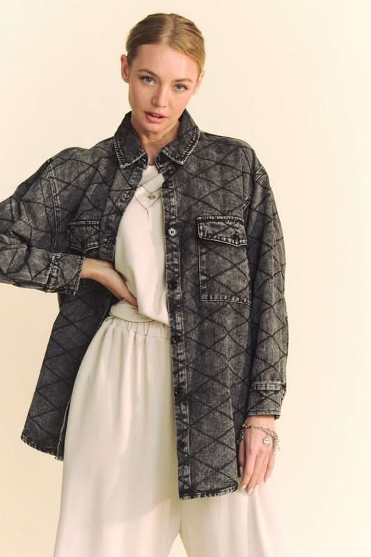 Davi & Dani Curved Hem Diamond Quilted Button Up Denim Shacket - Love Salve 