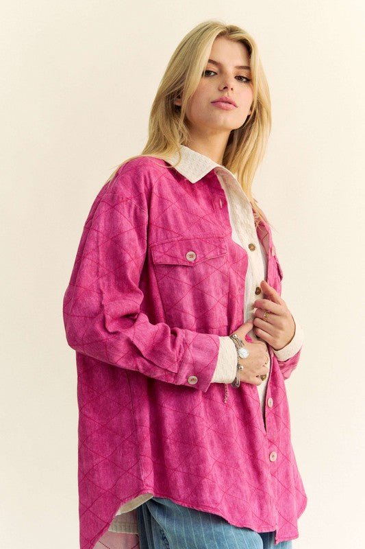 Davi & Dani Curved Hem Diamond Quilted Button Up Denim Shacket - Love Salve 