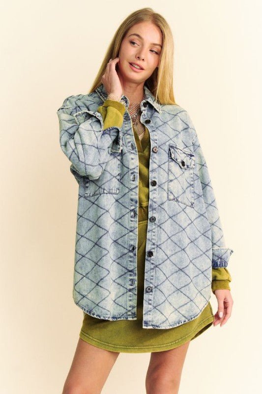 Davi & Dani Curved Hem Diamond Quilted Button Up Denim Shacket - Love Salve 