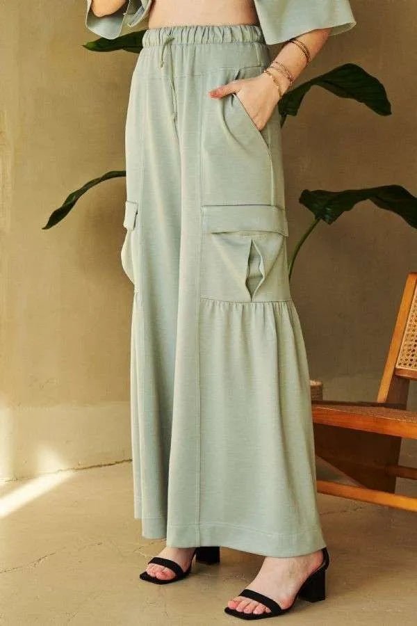 Davi & Dani Drawstring Ruched Detail Wide Leg Pants Style - Love Salve 