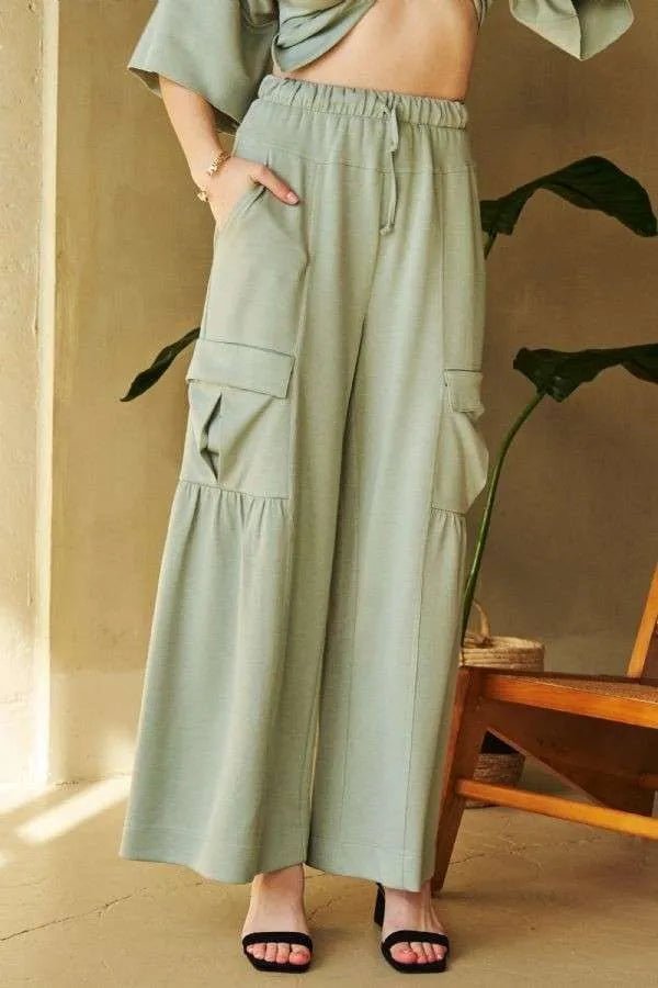 Davi & Dani Drawstring Ruched Detail Wide Leg Pants Style - Love Salve 