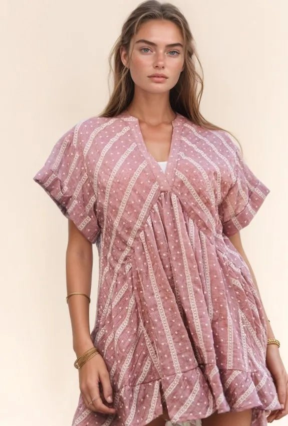 Davi & Dani Embroidery V Neck Short Sleeve Ruffled Mini Dress - Love Salve 
