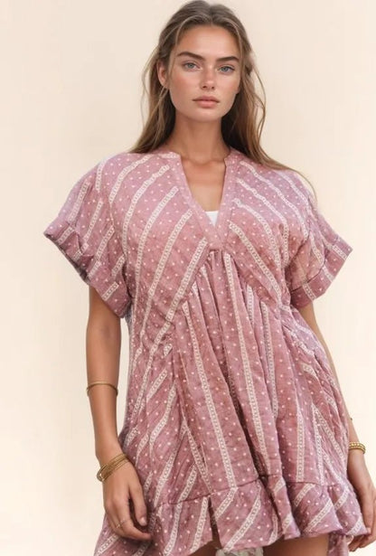 Davi & Dani Embroidery V Neck Short Sleeve Ruffled Mini Dress - Love Salve 