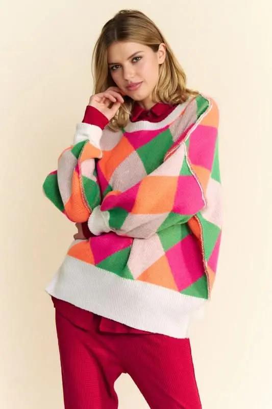 Davi & Dani Exposed Seam Color Block Dropped Shoulder Sweater - Love Salve 