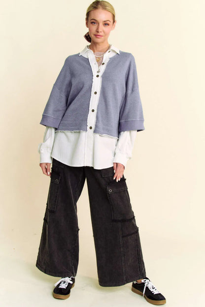 Davi & Dani Faux Layered French Terry Contrast Top for Women - Love Salve 