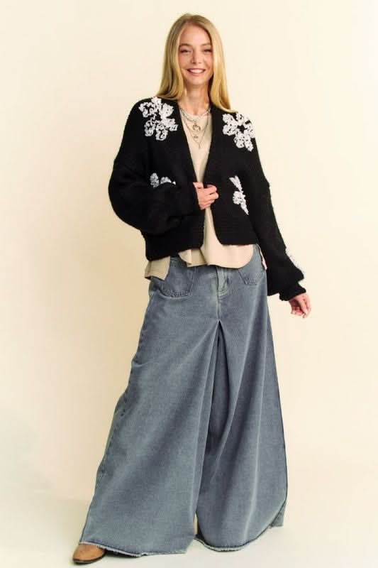 Davi & Dani Floral Applique Open Front Dropped Shoulder Cardigan - Love Salve