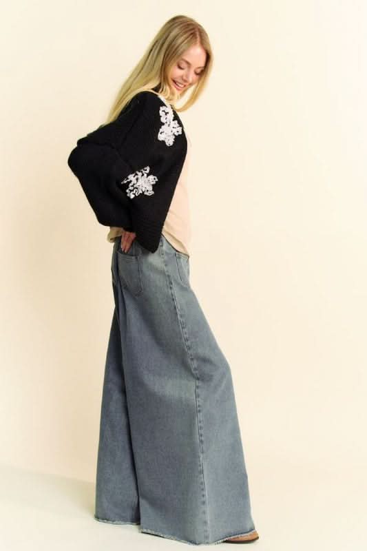 Davi & Dani Floral Applique Open Front Dropped Shoulder Cardigan - Love Salve 