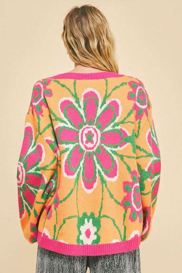 Davi & Dani Floral Contrast V - Neck Dropped Shoulder Sweater - Love Salve