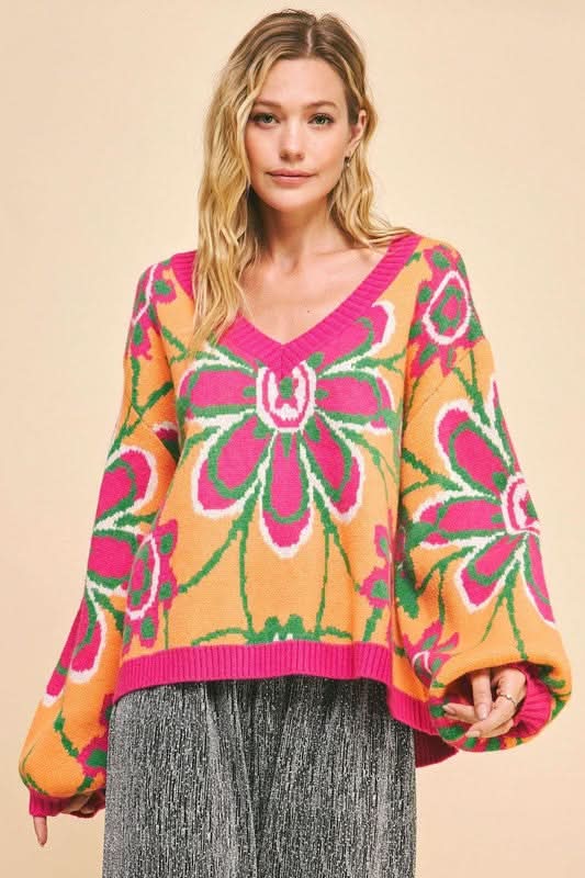 Davi & Dani Floral Contrast V - Neck Dropped Shoulder Sweater - Love Salve