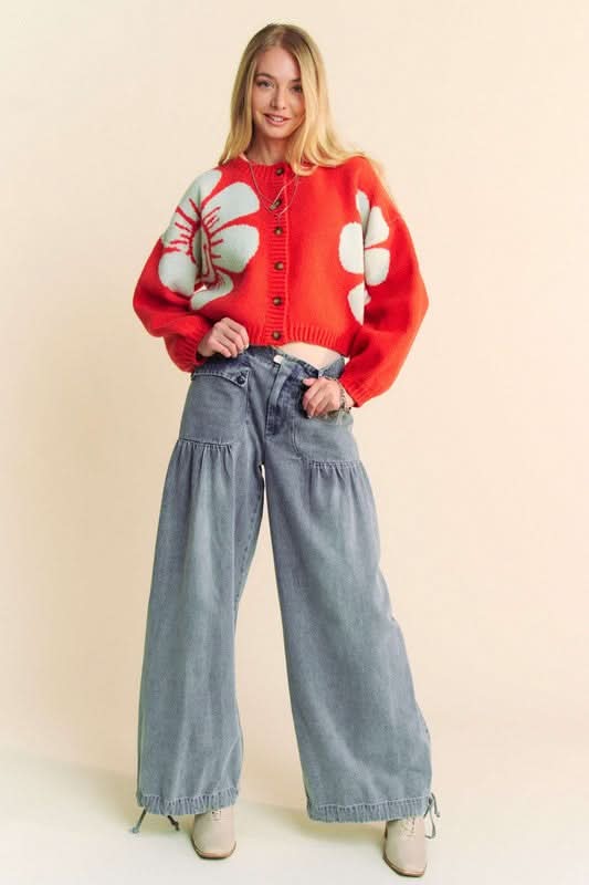 Davi & Dani Flower Contrast Round Neck Long Sleeve Cardigan - Love Salve 