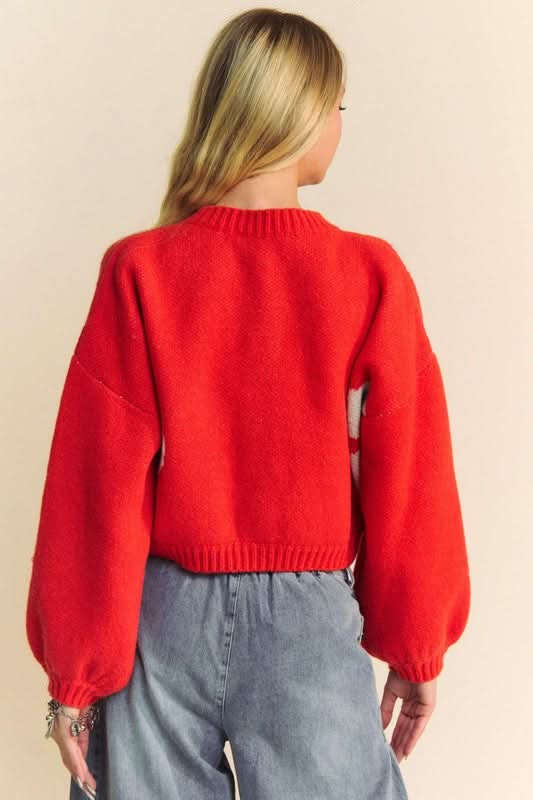 Davi & Dani Flower Contrast Round Neck Long Sleeve Cardigan - Love Salve 