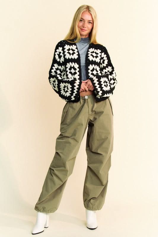 Davi & Dani Full Size Two Tone Flower Square Crochet Open Front Cardigan - Love Salve 