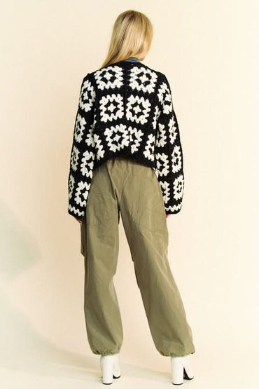 Davi & Dani Full Size Two Tone Flower Square Crochet Open Front Cardigan - Love Salve 