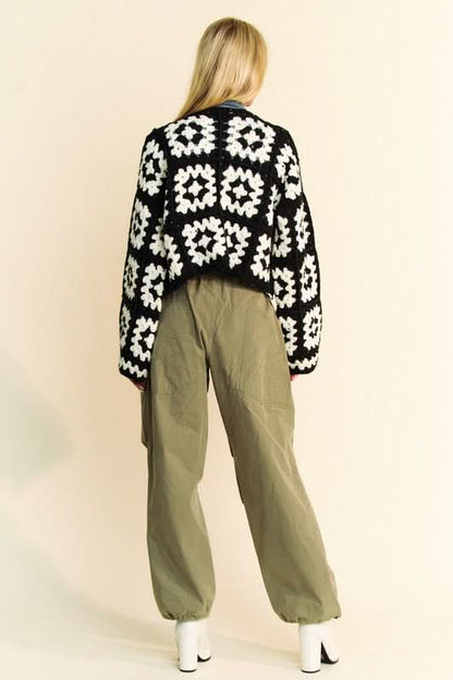 Davi & Dani Full Size Two Tone Flower Square Crochet Open Front Cardigan - Love Salve 