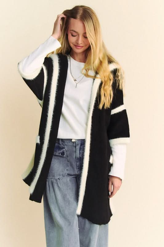 Davi & Dani Fuzzy Trim Open Front Loose Fit Cardigan - Love Salve 