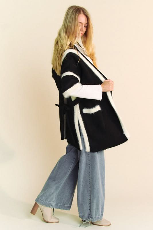 Davi & Dani Fuzzy Trim Open Front Loose Fit Cardigan - Love Salve 