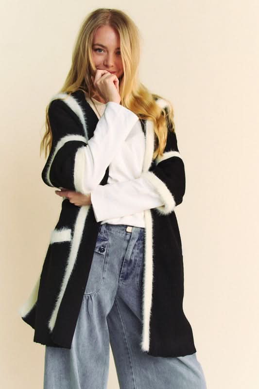 Davi & Dani Fuzzy Trim Open Front Loose Fit Cardigan - Love Salve 