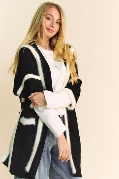 Davi & Dani Fuzzy Trim Open Front Loose Fit Cardigan - Love Salve 