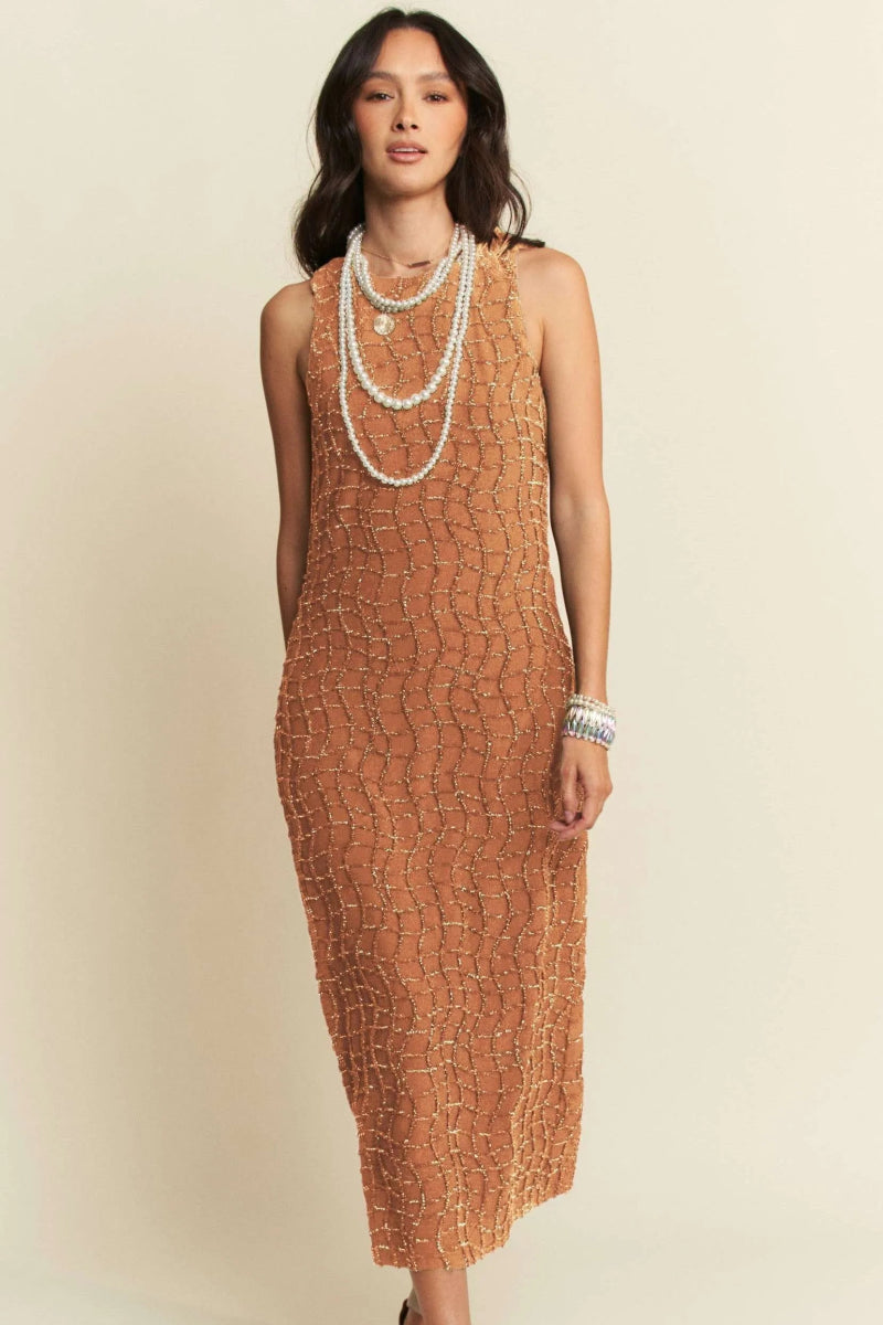 Davi & Dani Golden Textured Zippered Midi Dress for Women - Love Salve 