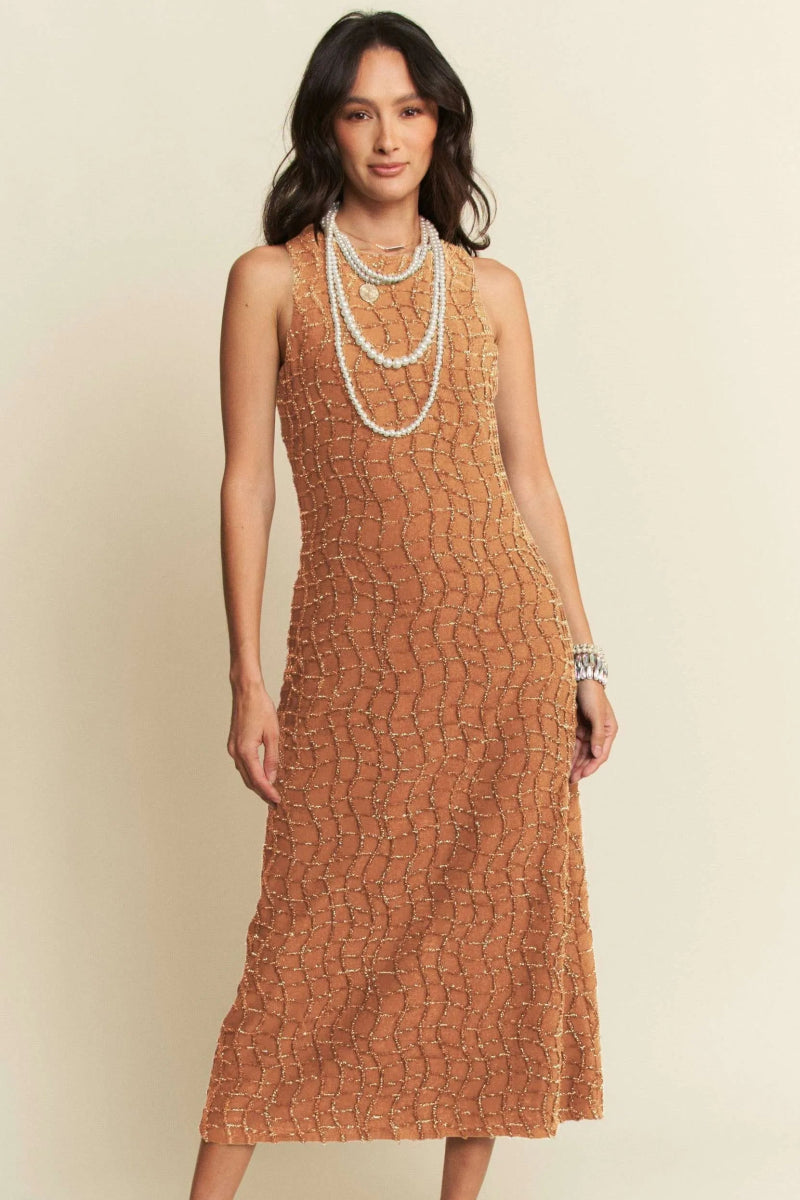 Davi & Dani Golden Textured Zippered Midi Dress for Women - Love Salve 