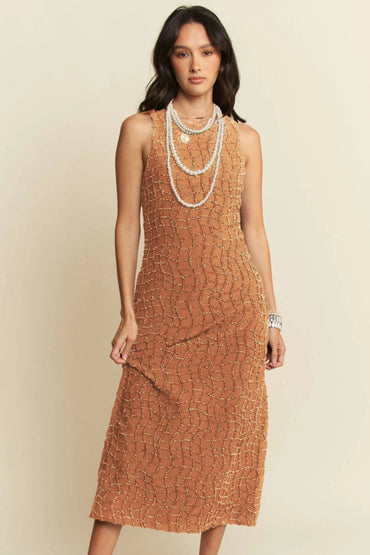 Davi & Dani Golden Textured Zippered Midi Dress for Women - Love Salve 
