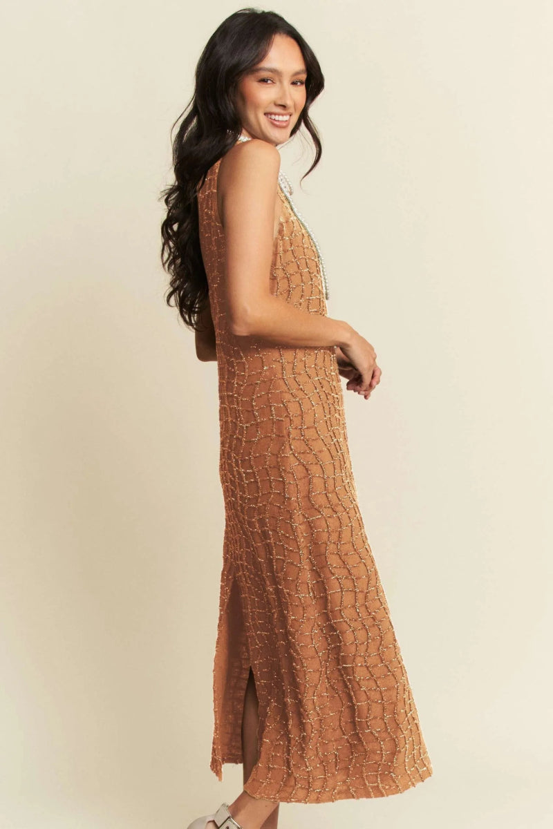 Davi & Dani Golden Textured Zippered Midi Dress for Women - Love Salve 