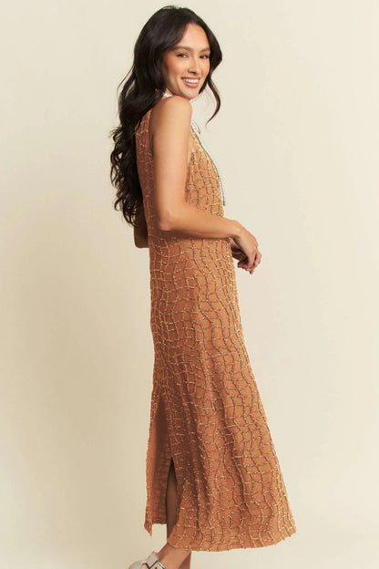 Davi & Dani Golden Textured Zippered Midi Dress for Women - Love Salve 