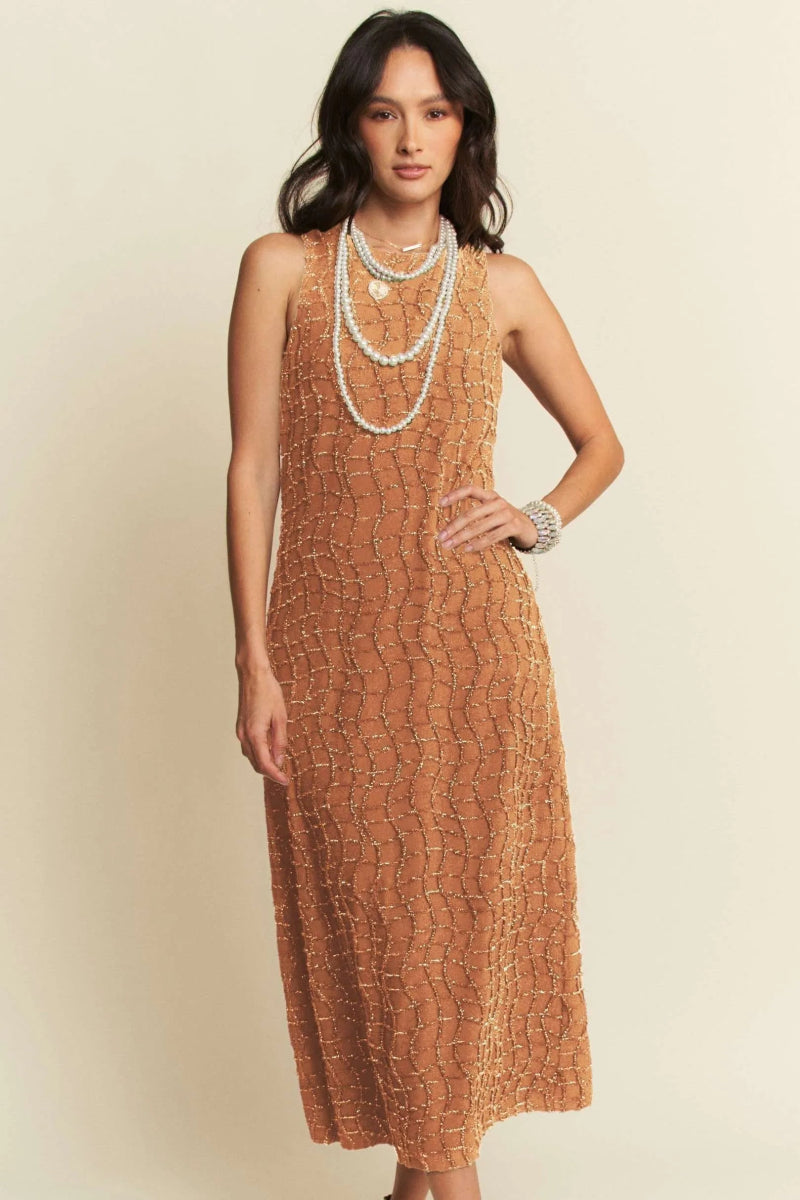 Davi & Dani Golden Textured Zippered Midi Dress for Women - Love Salve 