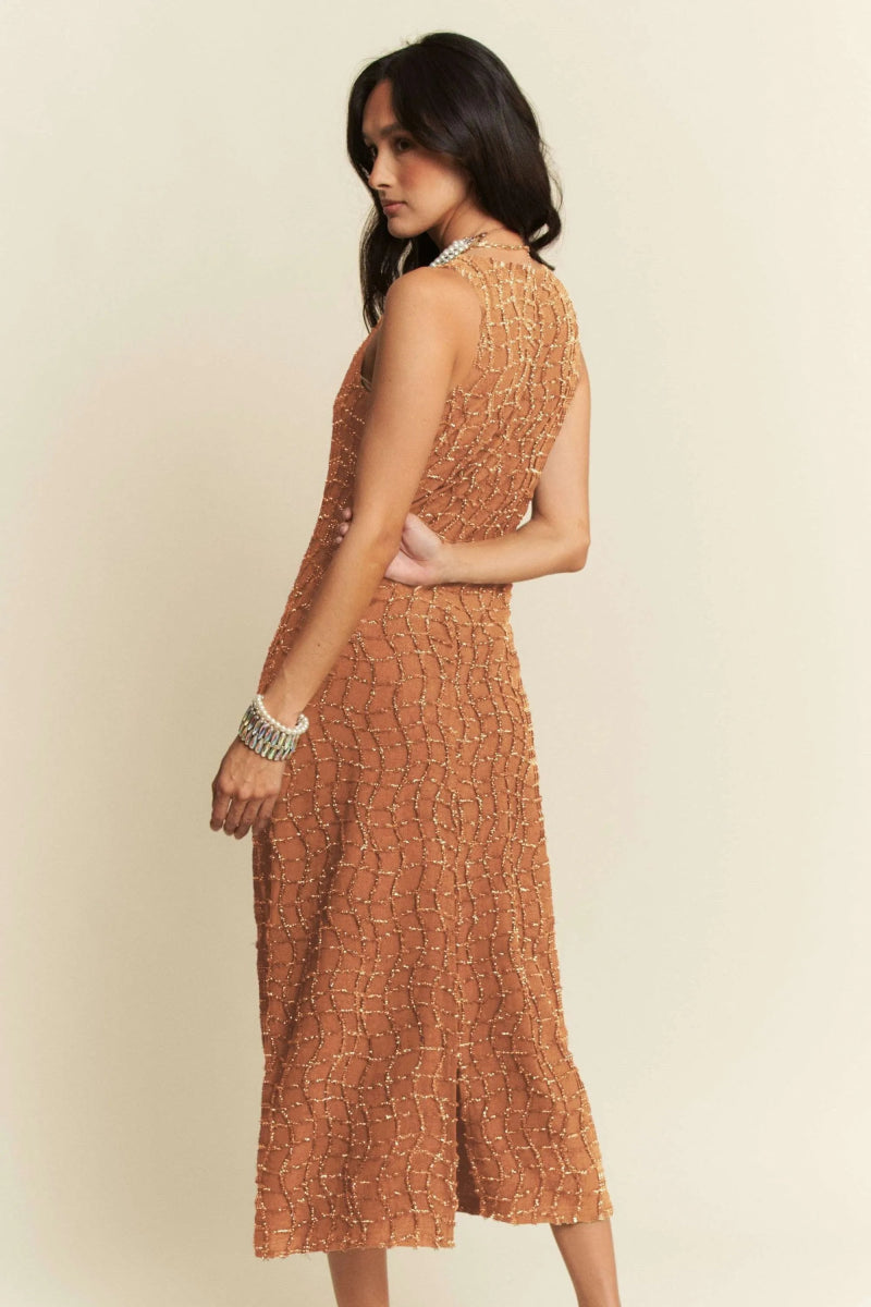 Davi & Dani Golden Textured Zippered Midi Dress for Women - Love Salve 