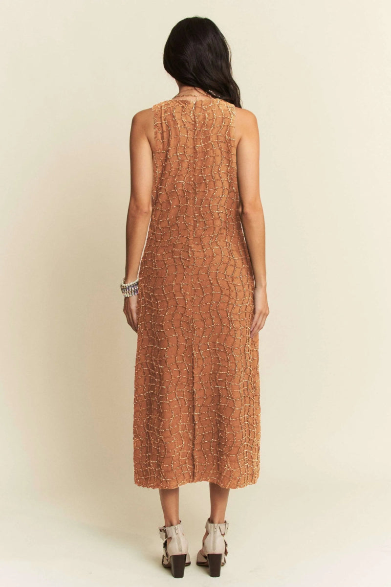Davi & Dani Golden Textured Zippered Midi Dress for Women - Love Salve 
