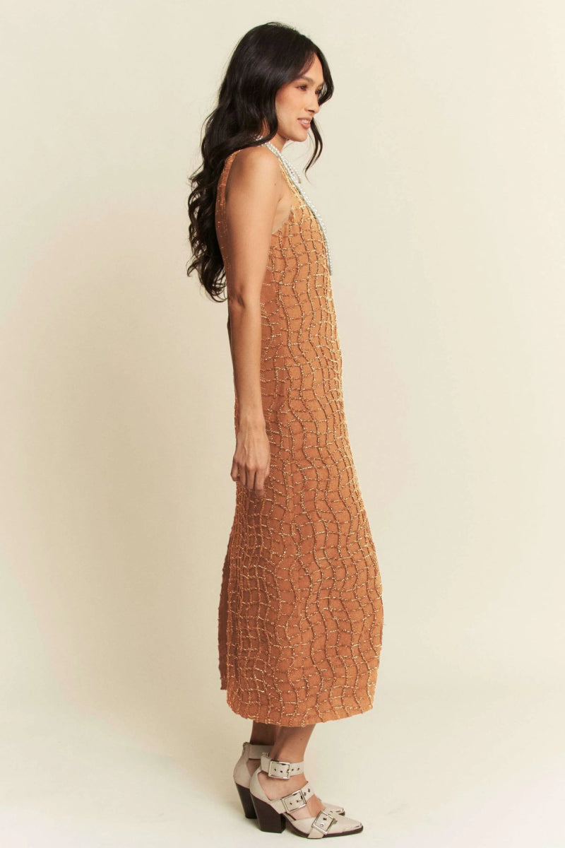 Davi & Dani Golden Textured Zippered Midi Dress for Women - Love Salve 