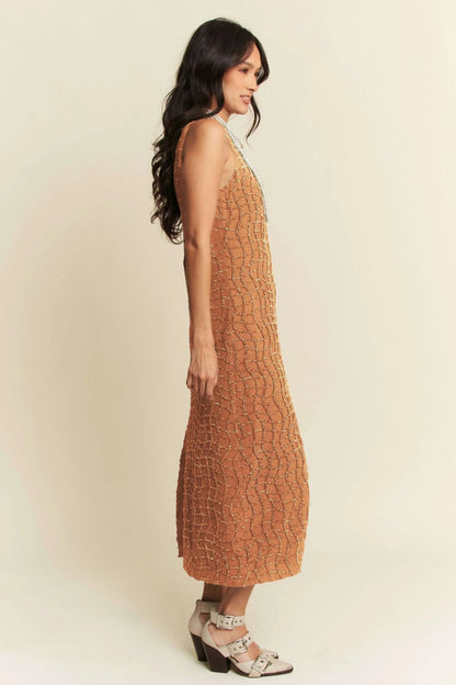 Davi & Dani Golden Textured Zippered Midi Dress for Women - Love Salve 