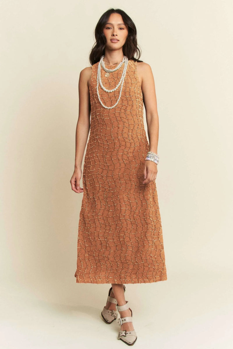 Davi & Dani Golden Textured Zippered Midi Dress for Women - Love Salve 