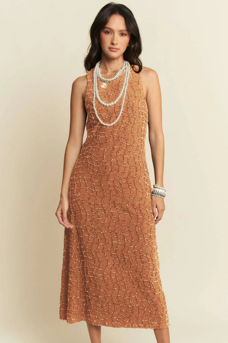 Davi & Dani Golden Textured Zippered Midi Dress for Women - Love Salve 
