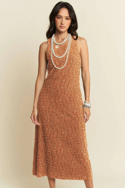 Davi & Dani Golden Textured Zippered Midi Dress for Women - Love Salve 