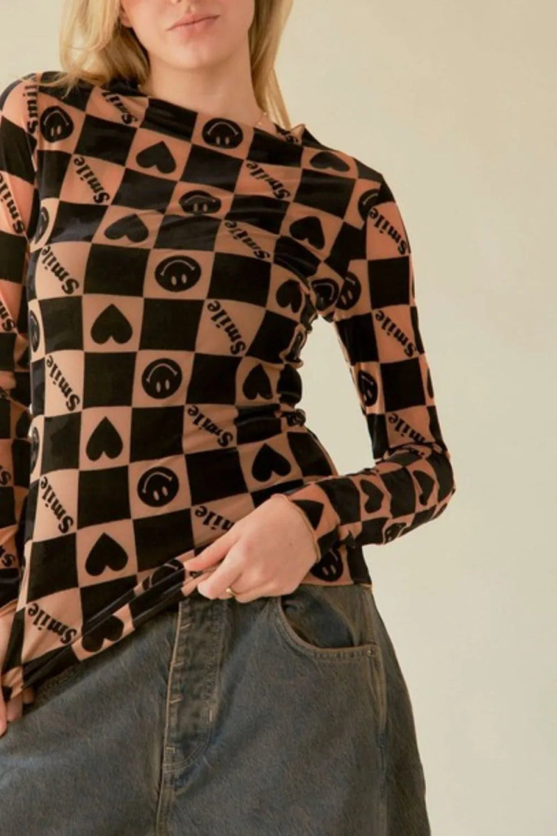 Davi & Dani Heart Print Long Sleeve Top for Women - Love Salve 