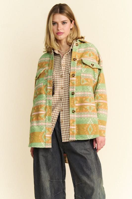 Davi & Dani High-Low Geometric Long Sleeve Shacket with Pockets - Love Salve 