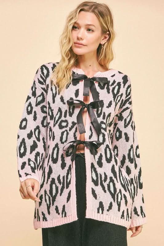 Davi & Dani Leopard Ribbon Tie Front Loose Fit Cardigan - Love Salve 