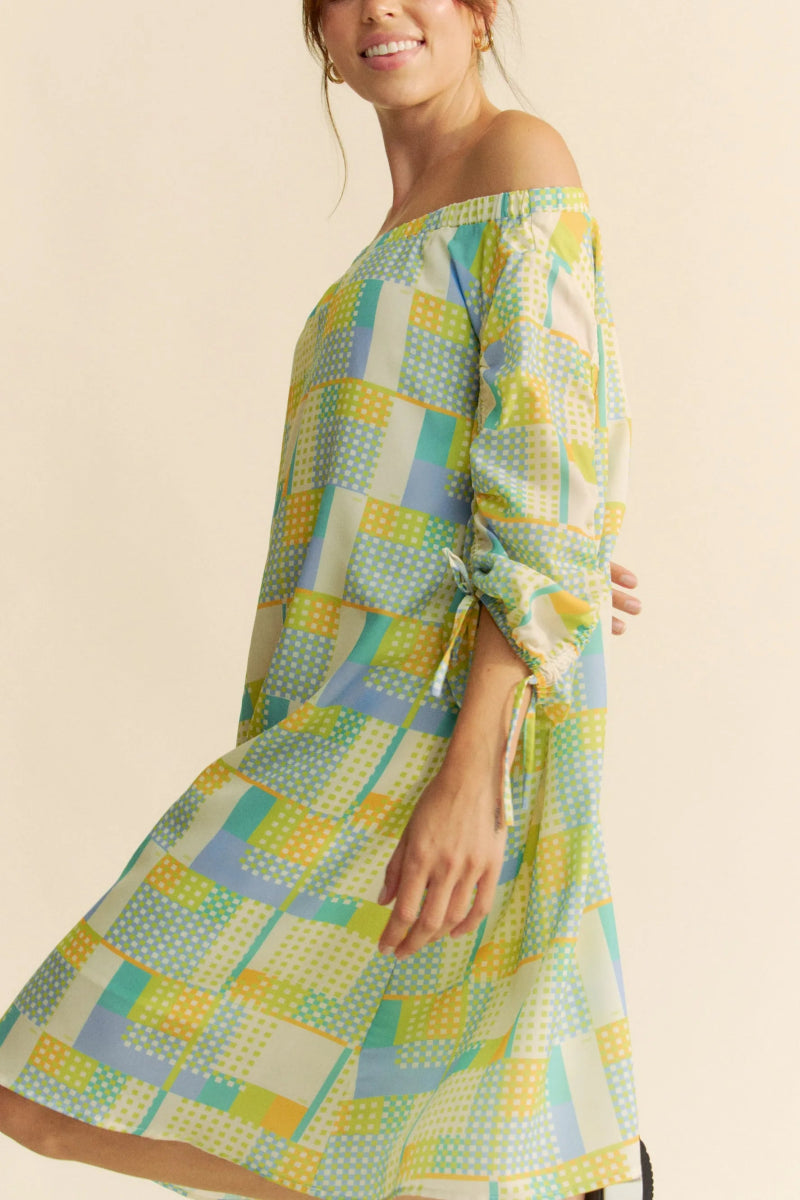 Davi & Dani Printed Off Shoulder Drawstring Sleeve Mini Dress - Love Salve 