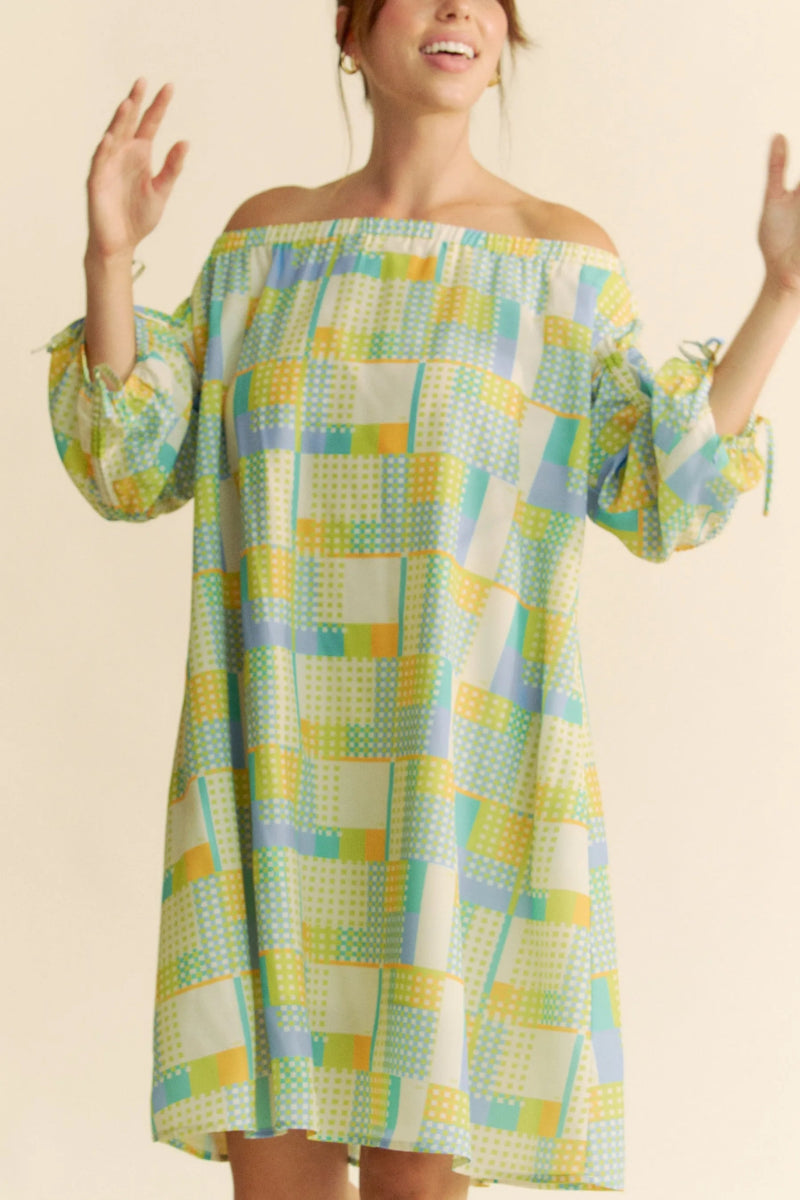 Davi & Dani Printed Off Shoulder Drawstring Sleeve Mini Dress - Love Salve 