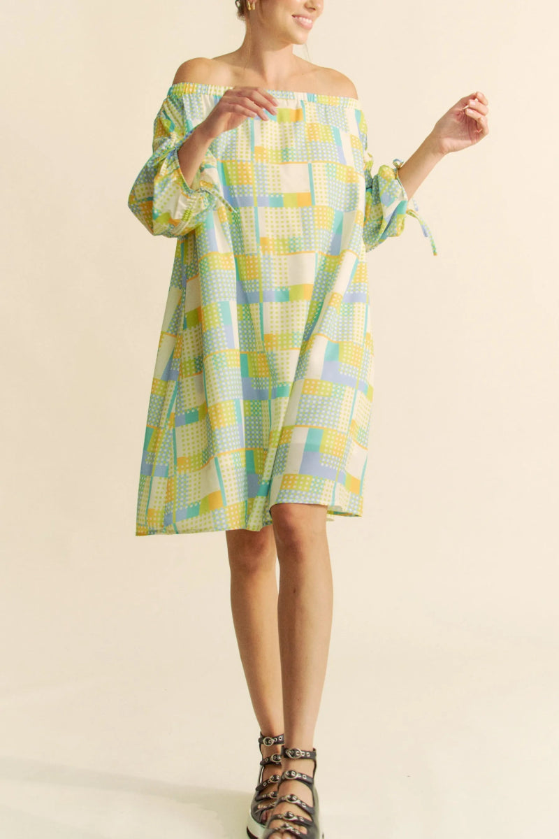 Davi & Dani Printed Off Shoulder Drawstring Sleeve Mini Dress - Love Salve 